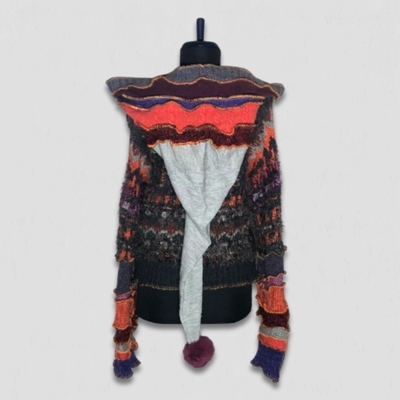 Handcrafted Patch Knitted Sweater Upcycled Fairy Elf Pointy Hood Multicolor sz M - Picture 2 of 14